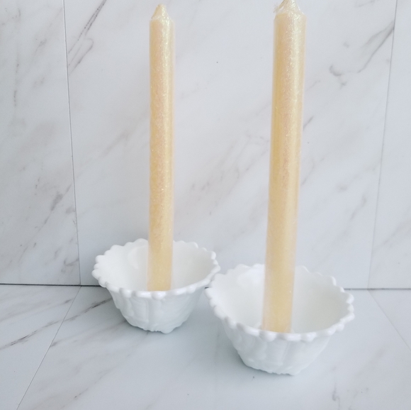 Vintage White Milk Glass Cup Candle Holders Set of 2 Leaf Design
